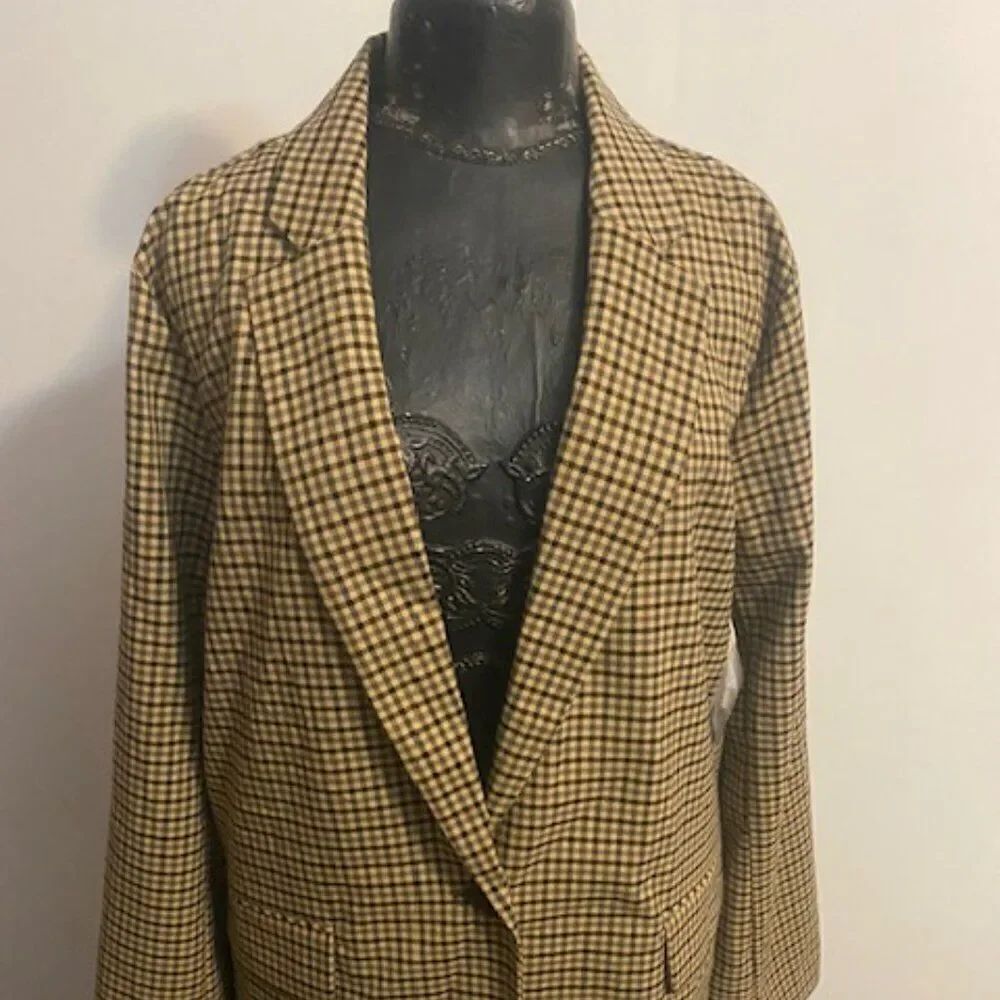 a.n.a. Tan/Black/Brown Gingham Plaid 1 button blazer, size XXL